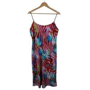 Natori Abstract Print Spaghetti Strap Midi Slip Dress Large Y2K Colorful Vibrant